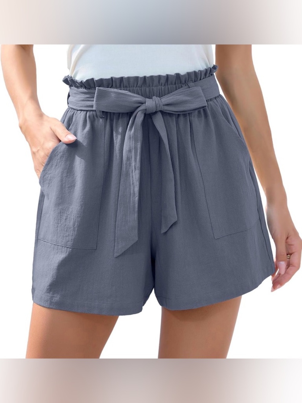 Women's Dusty blue High-Waist Tie-Waist Casual Shorts. Size medium